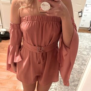 Dusty Pink Tie Front Flowy Sleeve Romper